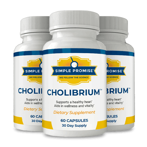 Cholibrium supplement bottle — 10-mushroom heart health formula by Simple Promise